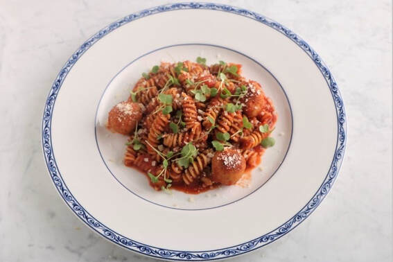 Chickpea rotini with chickpea meatballs