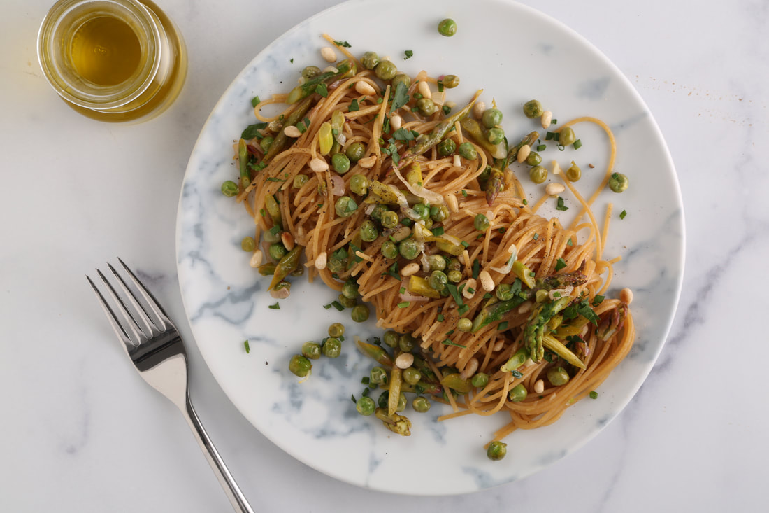 Whole Grain Spaghetti with Asparagus,  Peas, Pine Nuts and Parmigiano